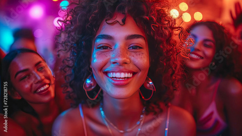 Portrait of smiling young woman looking at camera while dancing in nightclub