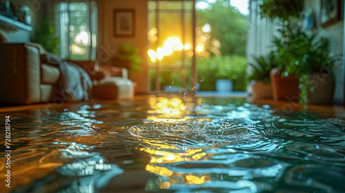 Flood  flooding in a house  apartment  burst water pipe  water drop splashing on the floor in living room at sunset background