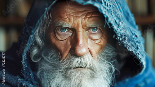 Portrait of an old man sage with a wizard beard wielding powerful magic fantasy character