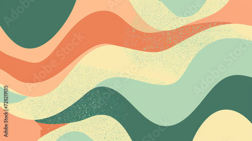 Groovy psychedelic abstract wavy background with rough texture combined with retro colors avocado green, peach and sky blue