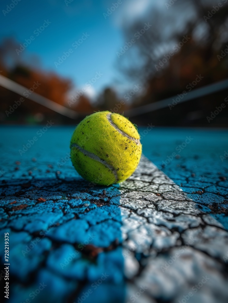 tennis ball on the court hitting the white line - macro close-up 