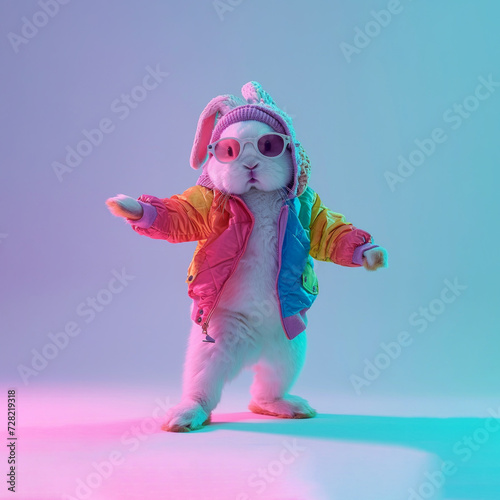 Easter bunny wearing a rainbow jacket and hat dancing on light mint colored background. Creative fashion Easter concept