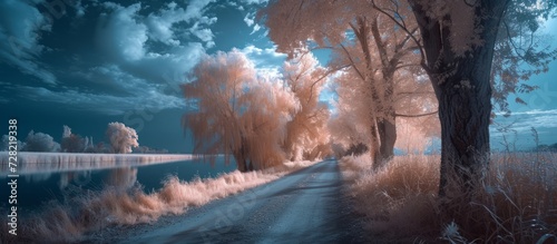 Infrared Snapshot of a Serene Dirt Road Lined with Willows  Illuminated by an Enchanting Infrared Glow