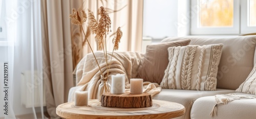 Simple cozy beige living room interior with sofa, decorative pillows, wooden table with candles and natural decorations