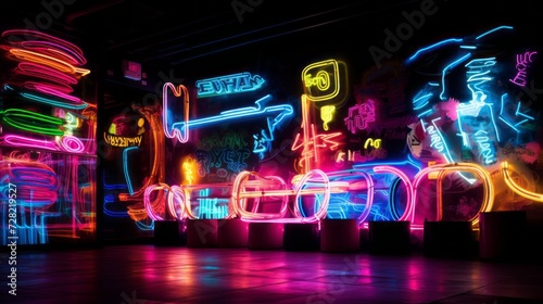 Abstract multicolored glowing neon signs and lines on a black city street background.