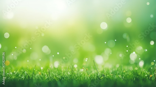 Green grass field and blue sky create a summer landscape background with a blurred bokeh effect. photo