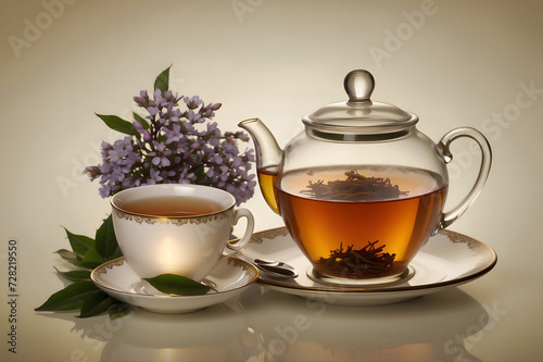 Tea setting with a teacup and a transparent teapot filled with tea  exuding a warm and inviting ambiance.  Perfect for International Tea Day content.