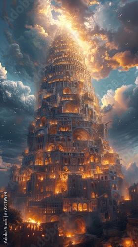 A monumental Tower of Babel pierces the sky, symbolizing human ambition, cultural diversity, unity and discord, human endeavor and divine intervention in this iconic biblical scene photo