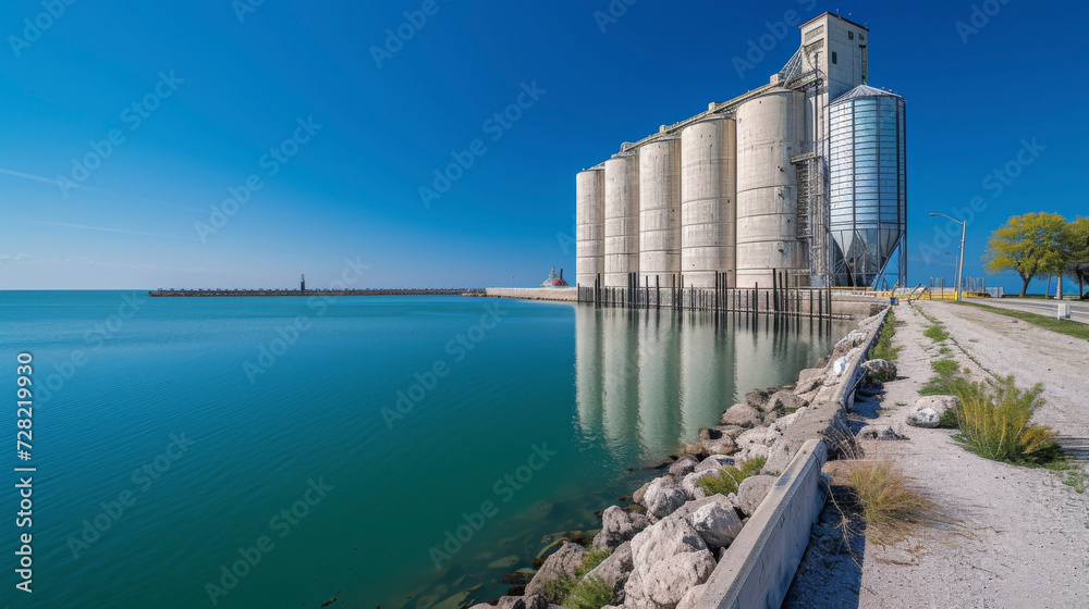 A towering grain silo looms over the peaceful waters of a harbor representing the need for sustainable grain transportation ods to preserve the Earths resources for future A towering grain silo looms over the peaceful waters of a harbor representing the need for sustainable grain transportation ods to preserve the Earths resources for future