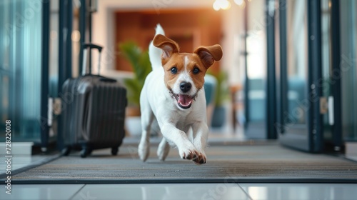 Concept pet friendly hotel. Happy running jumping dog at the hotel. Welcome dog. Pet friendly space