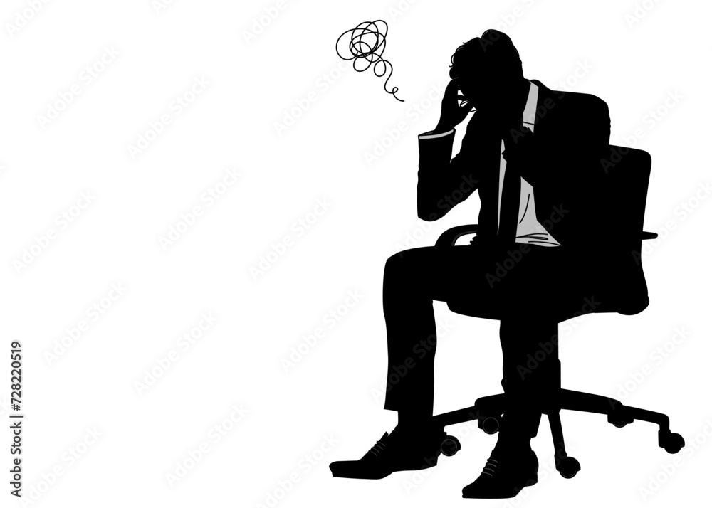 悩むサラリーマン男性のシルエットイラスト もやもやマーク付き全身横向き