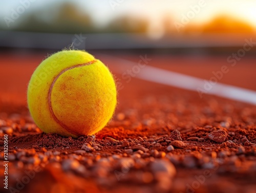 a tennis ball on a red sand tennis court - closeup © Salander Studio