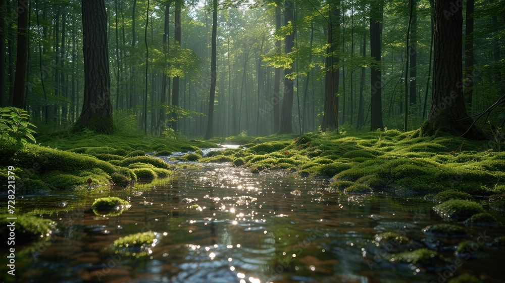 Obraz premium Sunlit Forest Stream with Mossy Banks