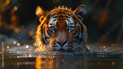 Tiger Stalking through Water at Twilight