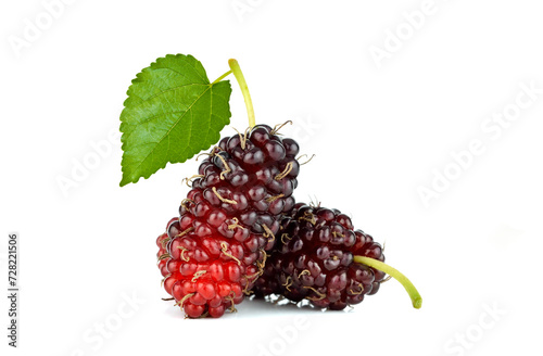 Mulberry fruit with green leaf isolated on white background