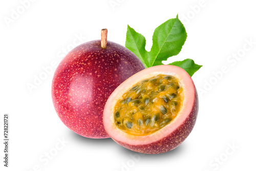 Purple passion fruit (Passiflora edulis) with  leaf isolated on white background