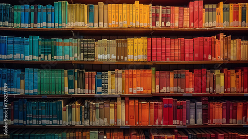 Rainbow gradient of books on library shelves, symbolizing the concept of diversity in literature and knowledge photo
