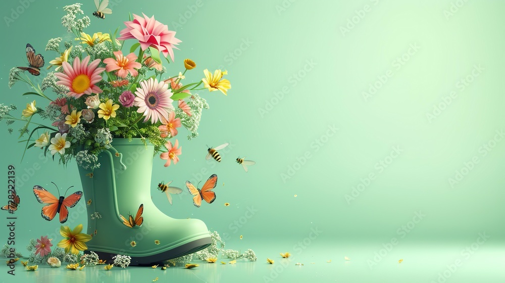 Green rubber boot full of colorful spring flowers with butterflies and bees on mint green background. Spring is here concept. 3D Rendering, 3D Illustration - obrazy, fototapety, plakaty 