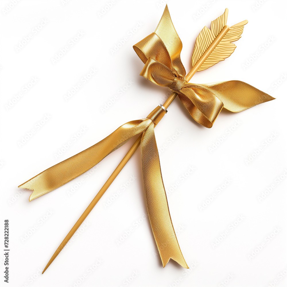 An elegant golden bow with a feather, indicative of luxury or celebration, isolated on a white background An elegant golden bow with a feather, indicative of luxury or celebration, isolated on a white background