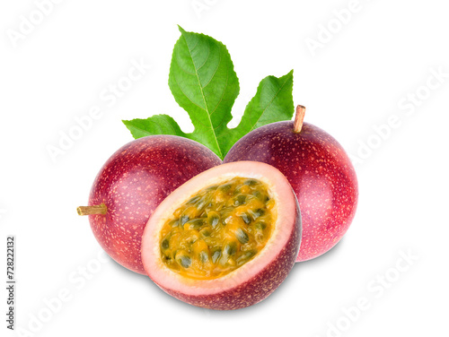 Purple passion fruit (Passiflora edulis) with  leaf isolated on white background