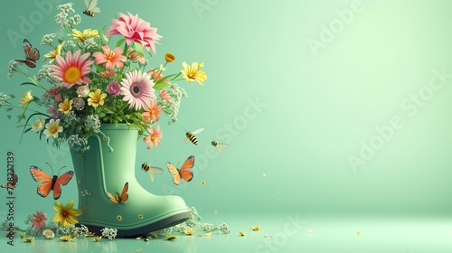 Green rubber boot full of colorful spring flowers with butterflies and bees on mint green background. Spring is here concept. 3D Rendering, 3D Illustration photo