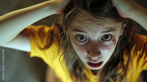 A teenage girl with trembling hands and a wild expression her body experiencing a fullblown panic attack.