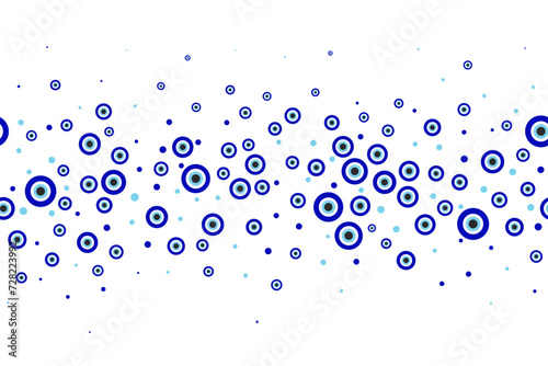 Evil eye blue Turkish symbol border. Magic nazar bead. Greece and Turkish amulet esoteric design for luck. Vector frame foe brochure and banner