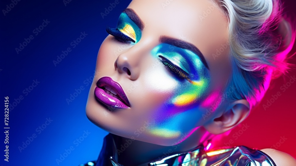 Close-up of a beautiful sexy female model with glowing bright makeup in bright neon lights posing in the studio.