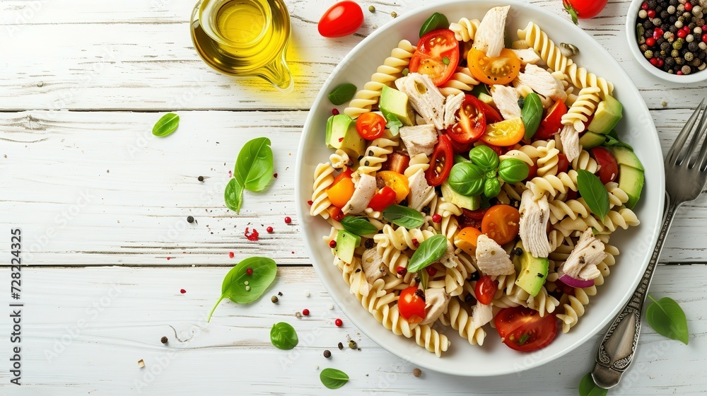 Healthy Chicken Pasta Salad with Avocado Tomato and olive oil and vinegar dressing in white bowl on white wood table vertical view from above free space. Creative Banner. Copyspace image