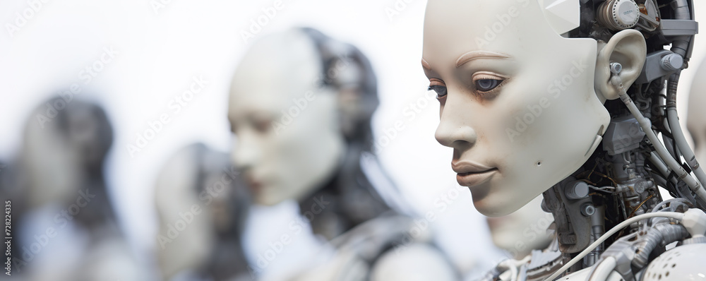 Row of Realistic Female Androids With Intricate Details in a Laboratory Setting