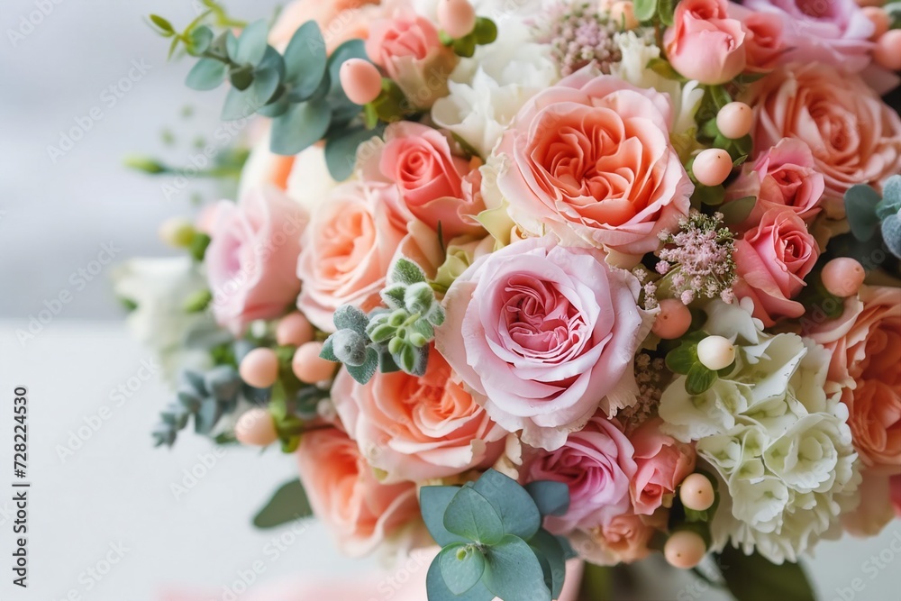 Wedding flowers, bridal bouquet closeup. Decoration made of roses, peonies and decorative plants, closeup, selective focus, nobody, objects. generative ai.