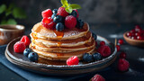 Pancakes with fresh berries and maple syrup on a dark background