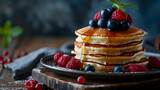 Pancakes with fresh berries and maple syrup on a dark background