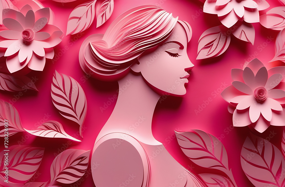 8 March. International Women's Day greeting card. Paper art pink flowers, leaves, woman silhouette