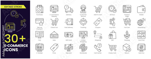 E-commerce Stroke icon set. Online shopping and delivery elements. E-business symbol. Editable Outline icons collection. photo