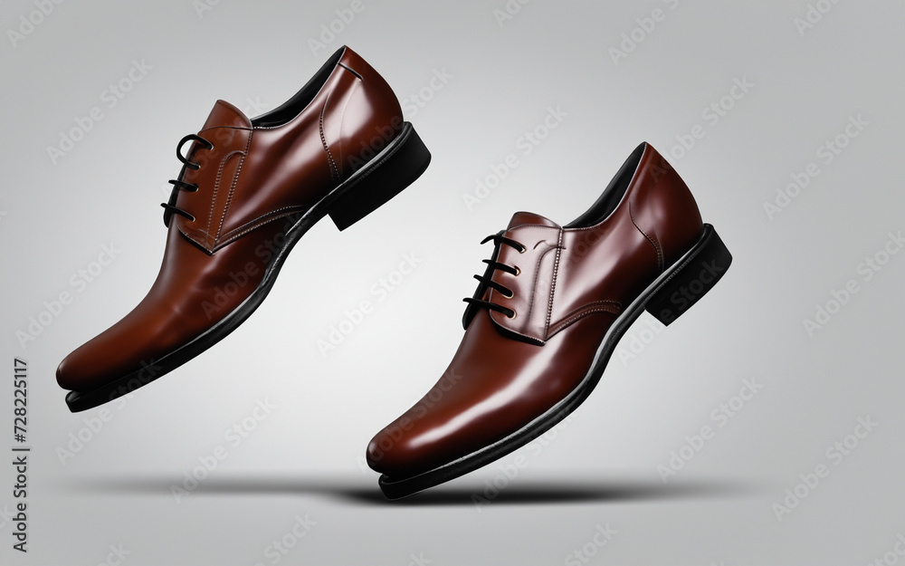 Formal Pair of Brown Leather Dress Shoe Floating In Air Isolated White Background 