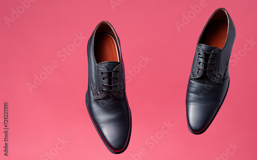 Formal Pair of Black Leather Dress Shoe Floating In Air Isolated White Background 