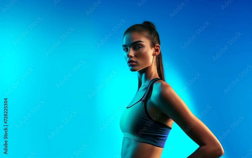 Fototapeta premium Beautiful lady dressed sport top blue color background