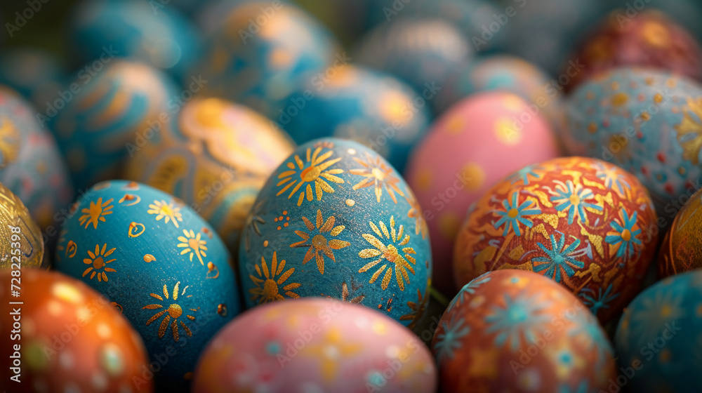 A vibrant collection of beautifully decorated Easter eggs with intricate patterns and a variety of colors. A vibrant collection of beautifully decorated Easter eggs with intricate patterns and a variety of colors.