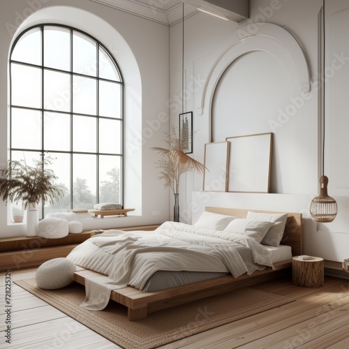 Cozy spacious bedroom interior with big window, white wall, wooden floor, big bed and minimalist decoration