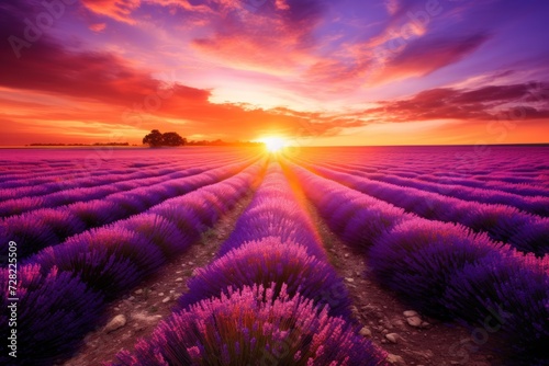 Lavender fields: a symphony of vibrant purple at sunset