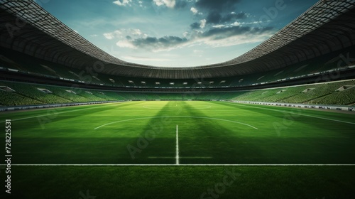 Wide-angle view of the lawn in a soccer stadium.