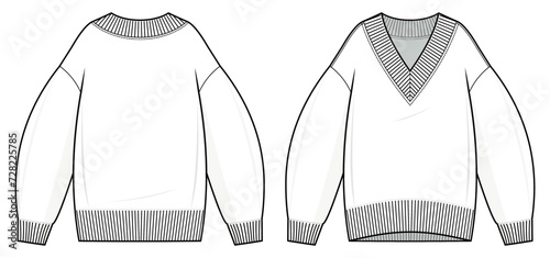 Classic V Neck Sweater technical fashion illustration. Sweater vector template illustration. front and back view. oversized. drop shoulder. unisex. white color. CAD mockup.