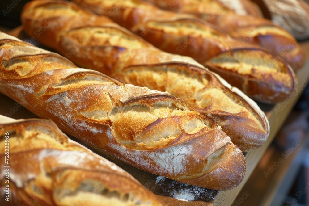 Closeup view of freshly baked baguettes