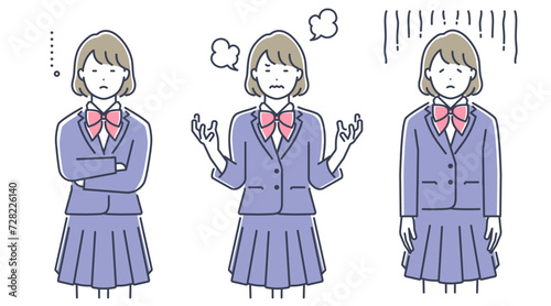制服を着た女子学生のリアクション。ベクターイラスト素材セット