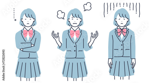 制服を着た女子学生のリアクション。ベクターイラスト素材セット