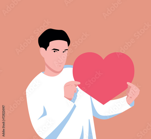 A young man shows a heart. Postcard, concept of expressing your feelings to your loved one. Experience happiness, joy. Hand drawn vector design. 