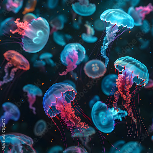 glowing sea jellyfishes on dark background and seamless texture. Neural network generated. Not based on any actual scene or pattern.