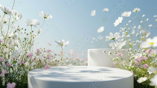 Podium flower product white 3d spring table beauty stand display nature white. Garden floral background cosmetic field scene gift day