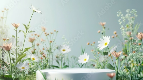 Podium flower product white 3d spring table beauty stand display nature white. Garden floral background cosmetic field scene gift day
